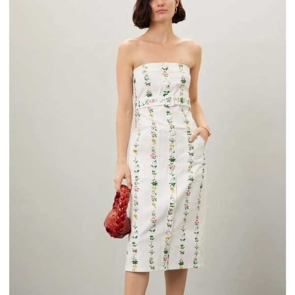 Adam Lippes White Floral Strapless Denim Dress Size 6 Designer Twill Pencil $365 - Picture 1 of 10